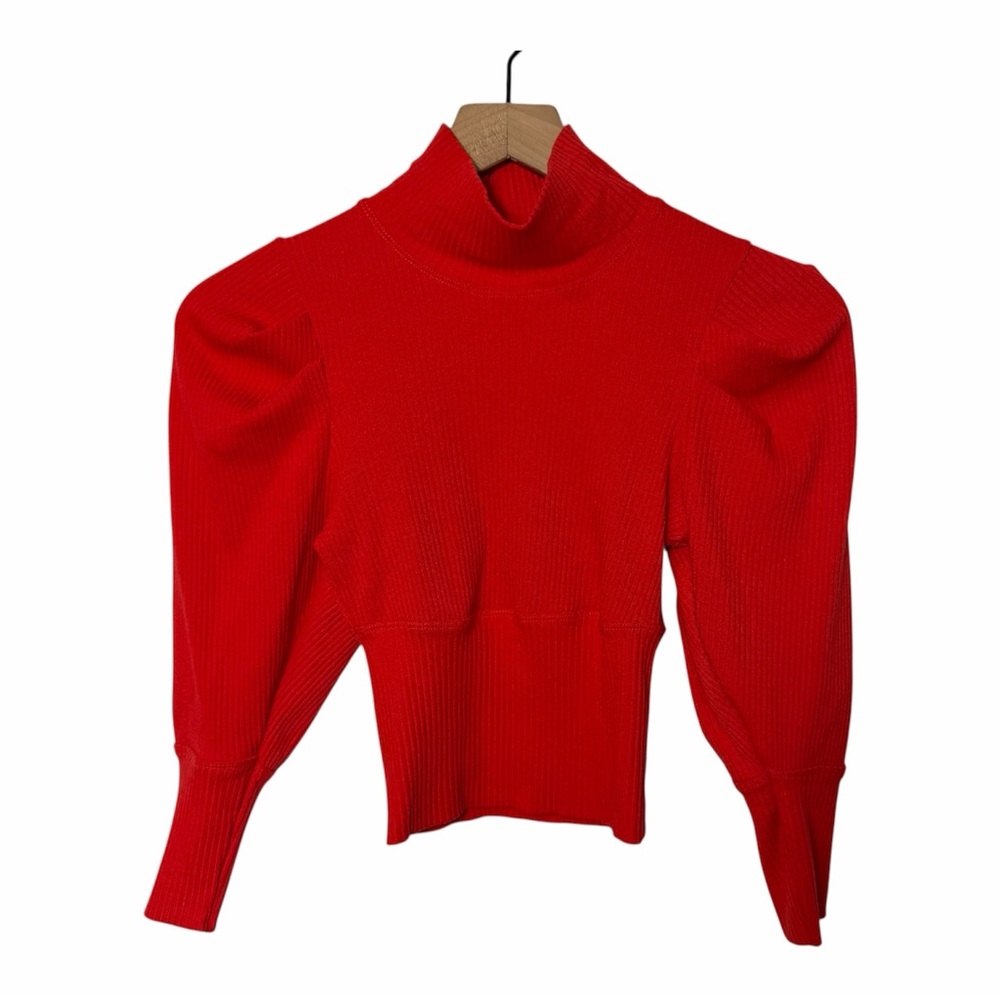 FREE PEOPLE LALA CROP TOP POPPY RED 3/4 PUFF SLEEVE HIGH NECK XS - Picture 2 of 5